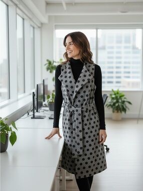 Polka Dot Sleeveless Long Vest in Gray with Belt